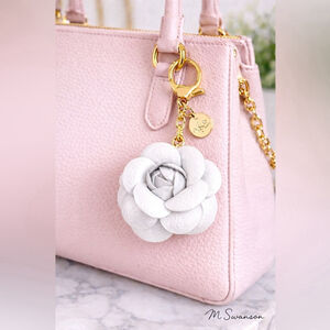 NEW Camellia Rose Bag Charm Keychain | White Vegan Leather Floral Charm